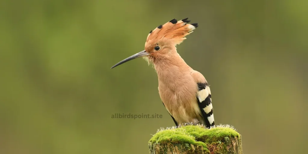 A vibrant hoopoe bird perched gracefully, showcasing its distinctive crown and striking plumage in a natural setting.
