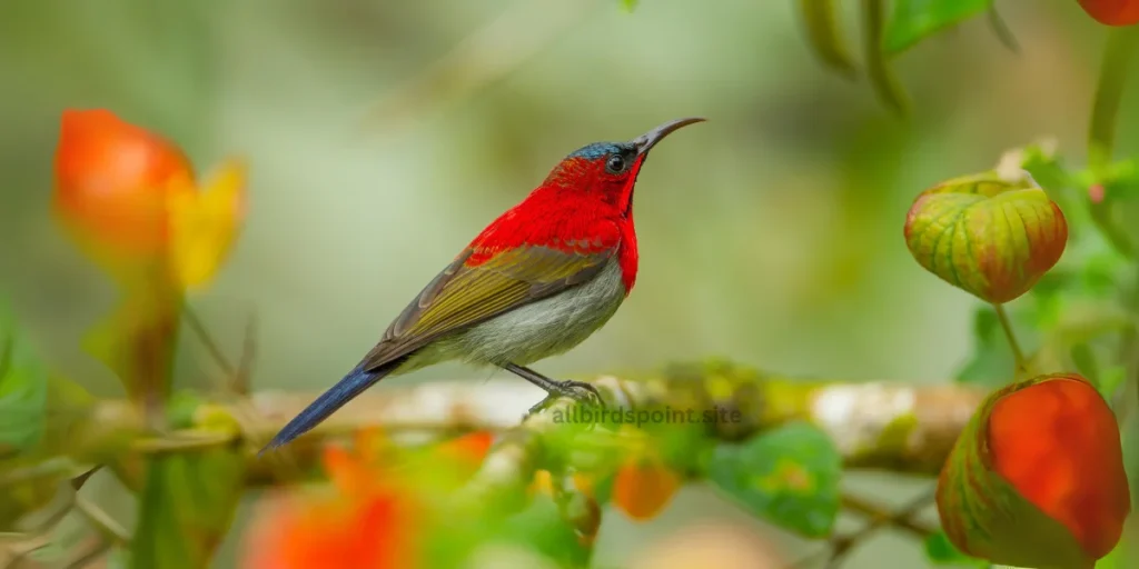  A Sunbird perched gracefully on a slender branch, surrounded by lush green foliage