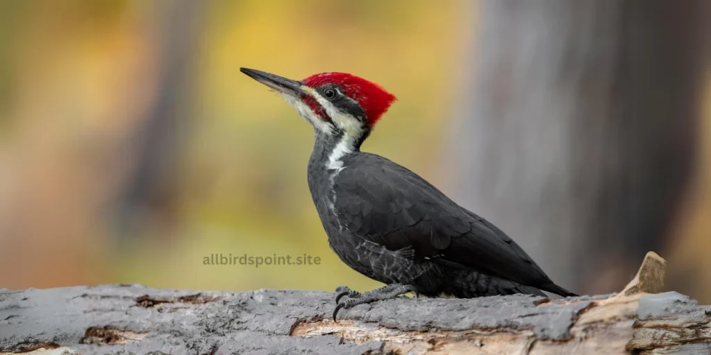 A woodpecker with a vibrant red head perched on a tree branch, showcasing its striking colors against the natural backdrop.