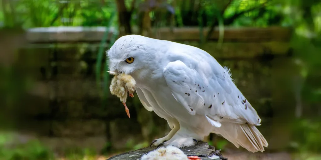 A snowy owl perched on a branch, consuming a bird, surrounded by a serene winter landscape