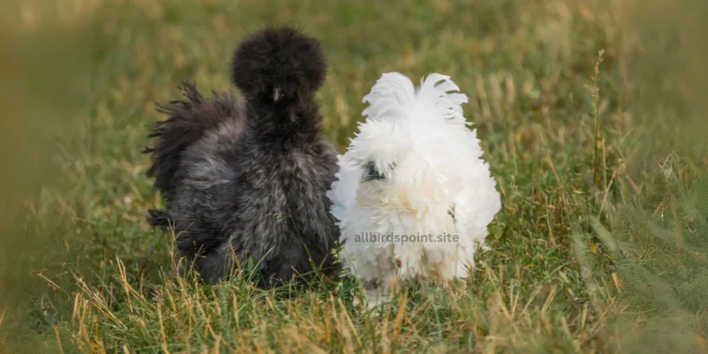 Two white and black chickens stroll through lush green grass, showcasing their distinct colors and lively nature