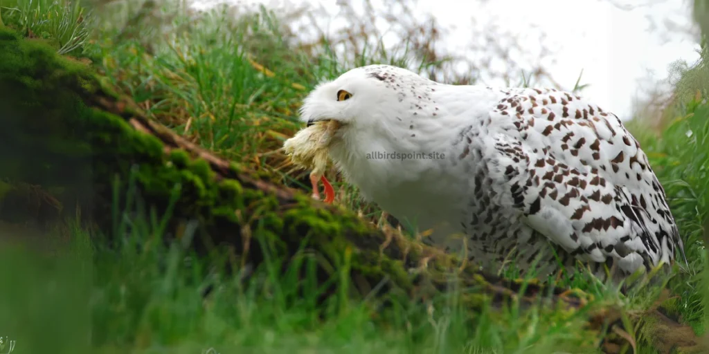 A snowy owl perched on a branch, consuming a bird in a serene winter landscape.